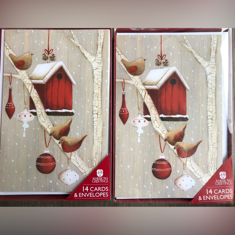 American Greetings Holiday Cards - Red and White Birdhouse Design